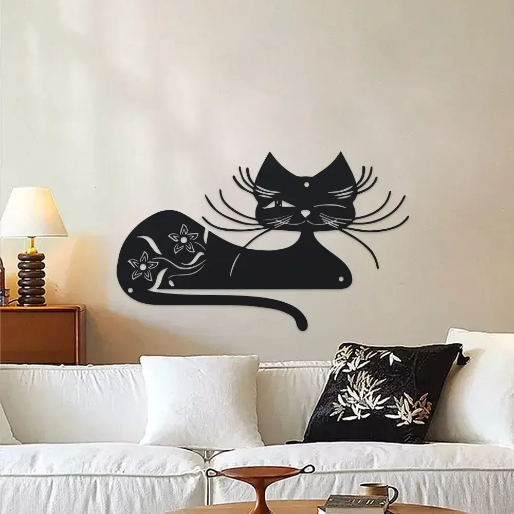 Outdoor Powerwall - 1pc Elegant Black Cat Metal Wall